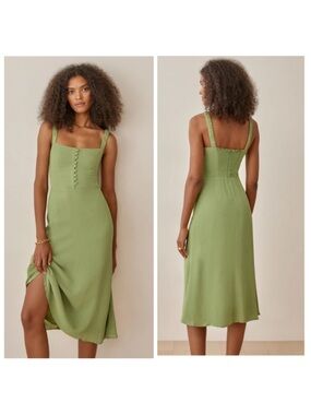 Reformation Pistachio Green Ruched Strap Midi Dress